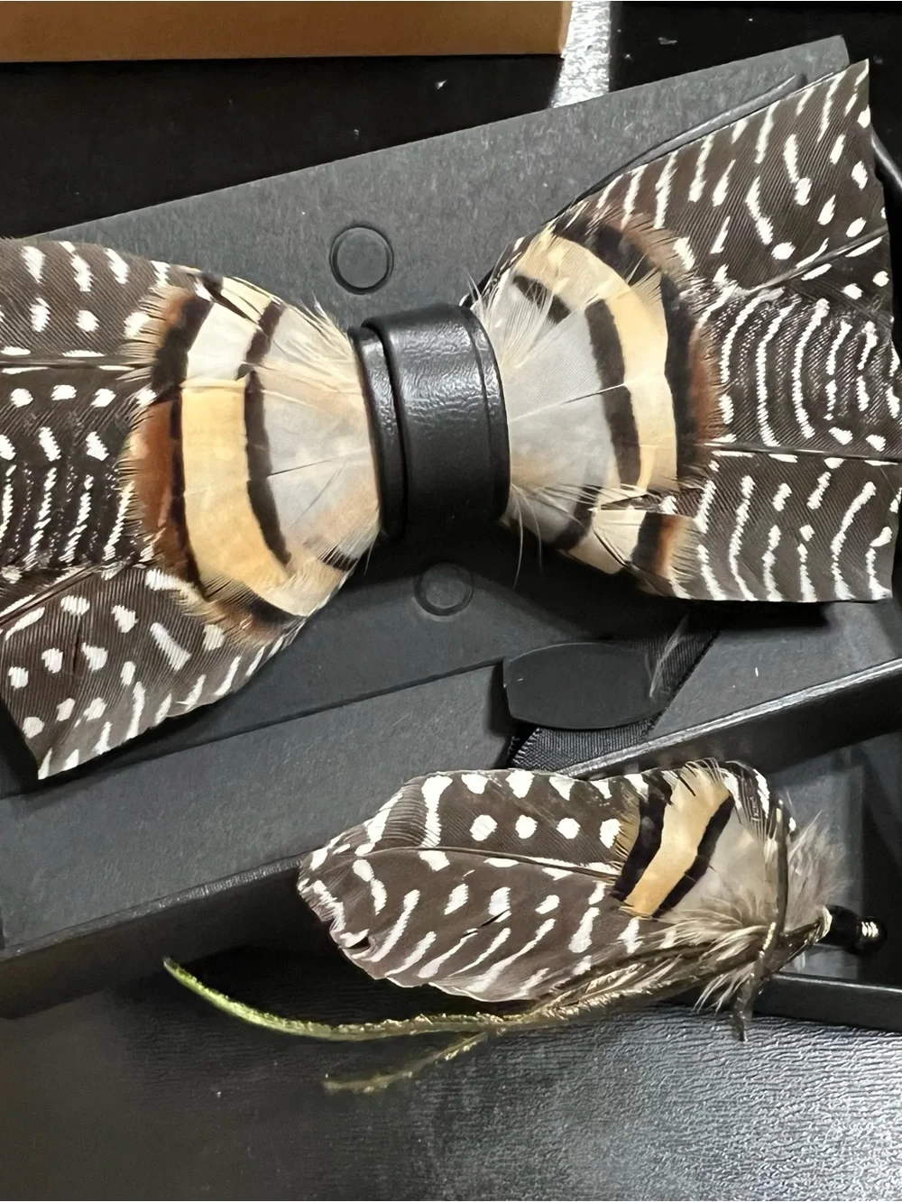**SALE Feather Bow Tie and Lapel Pin Set - Natural Brown & Cream